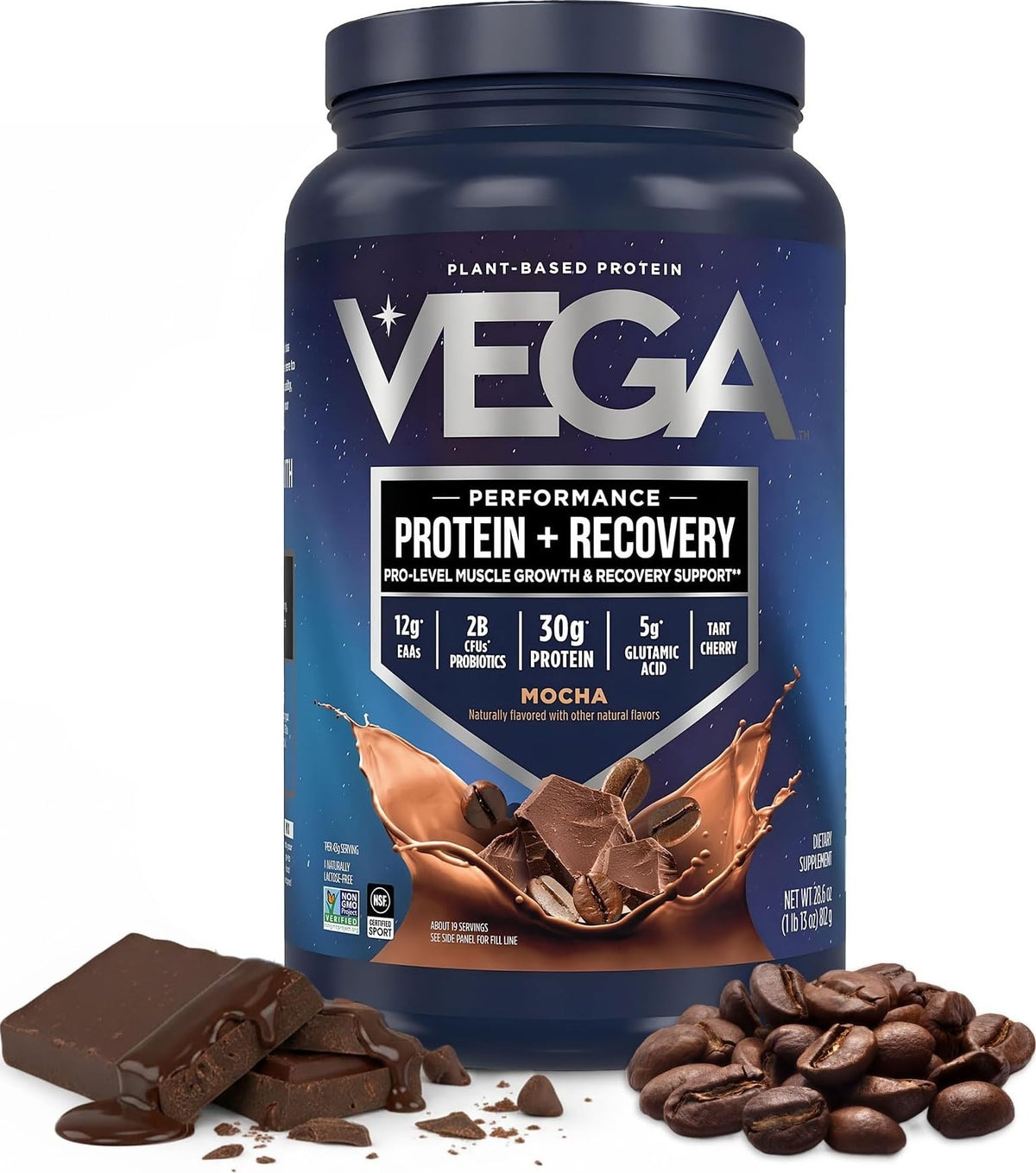 Vega Protein + Recovery, Mocha – 30g Vegan Protein, Dairy & Gluten Free, Probiotics, NSF Certified, 67.2 oz (45 Servings)