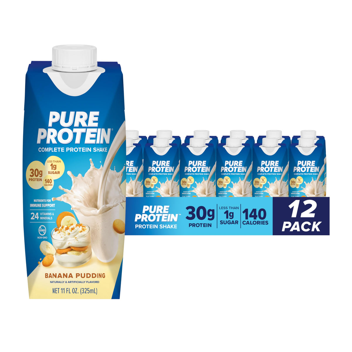 Pure Protein Chocolate Protein Shake, 30g Complete Protein, Ready to Drink and Keto-Friendly, Vitamins A, C, D, and E plus Zinc to Support Immune Health, 11oz Bottles, 12 Pack